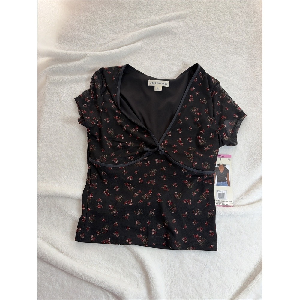 Aeropostale Mesh Sleeve V Neck Crop Top Size S‎ Black Floral NWT Babydoll Fairy